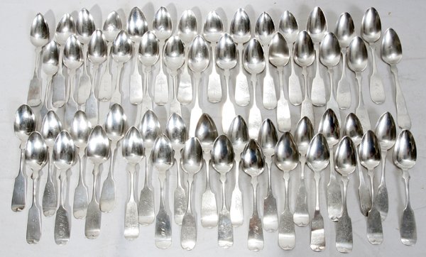 AMERICAN COIN SILVER TEASPOONS (50), C. 1810: AMERICAN COIN SILVER TEASPOONS (50), C. 1810:Some by Palmer and Bachelders, Sibley. M S Smith and Christian and numerous others.