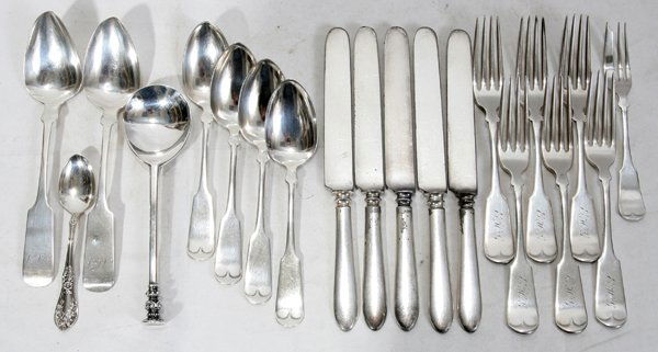 W. GRISWOLD COIN SPOONS & ROGERS FLATWARE, 20: W. GRISWOLD COIN SPOONS & ROGERS FLATWARE, 20 PIECES TOTAL:Including 2 American coin silver spoons by W. Griswold, mid 19th century, engraved monogram at the tip, L.8" (numerous dents); together with