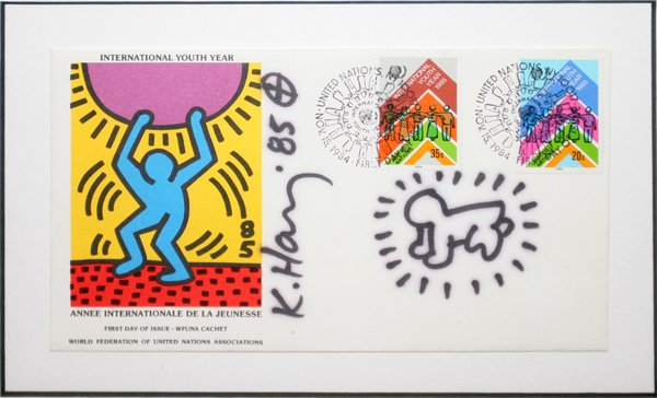 KEITH HARING, UN STAMPS AND SIGNATURE 1984: KEITH HARING, UN STAMPS AND SIGNATURE 1984:Envelope with two Keith Haring designed first day issue stamps and authentic Keith Haring signature. World Federation of United Nations Association. 1984. "A