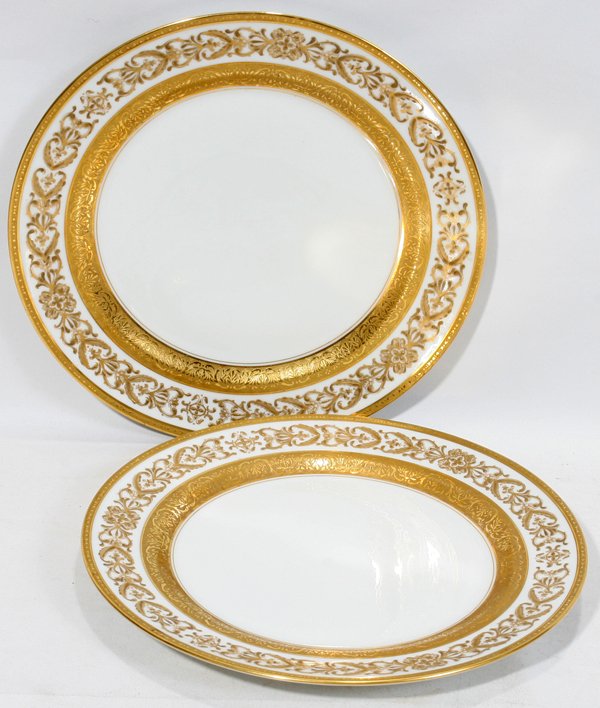 LIMOGES BY C. AHRENFELDT PORCELAIN PLATES: LIMOGES BY C. AHRENFELDT PORCELAIN PLATES, 13 PCS., DIA 10 1/4":having fired gold borders; French Limoges by C. Ahrenfeldt for Write Kay Detroit.