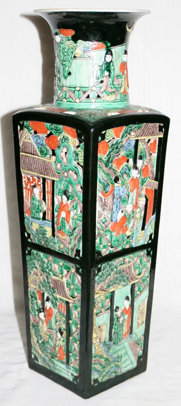 CHINESE, HAND PAINTED PORCELAIN VASE, C 1950: CHINESE, HAND PAINTED PORCELAIN VASE, C 1950, H 20", W 6", D 6":having a cylindrical neck with a flaired rim; a tapered square body of a pierced design with garden scenes with figures; block signed on