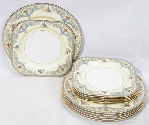 ROYAL WORCESTER 'THE DUCHESS' PORCELAIN PLATES: ROYAL WORCESTER 'THE DUCHESS' PATTERN PORCELAIN PLATES, 1934, TWELVE, W 8 1/4", DIA 10 1/2":Including 6 square salad plates, 8 1/4" x 8 1/4" and 6 round dinner plates, Dia. 10 1/2". Each is decorated 