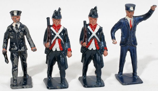 LINCOLN LOGS, LEAD SOLDIERS, C1930, FOUR: LINCOLN LOGS, LEAD SOLDIERS, C1930, FOUR, H 2 1/2" HAND PAINTED: