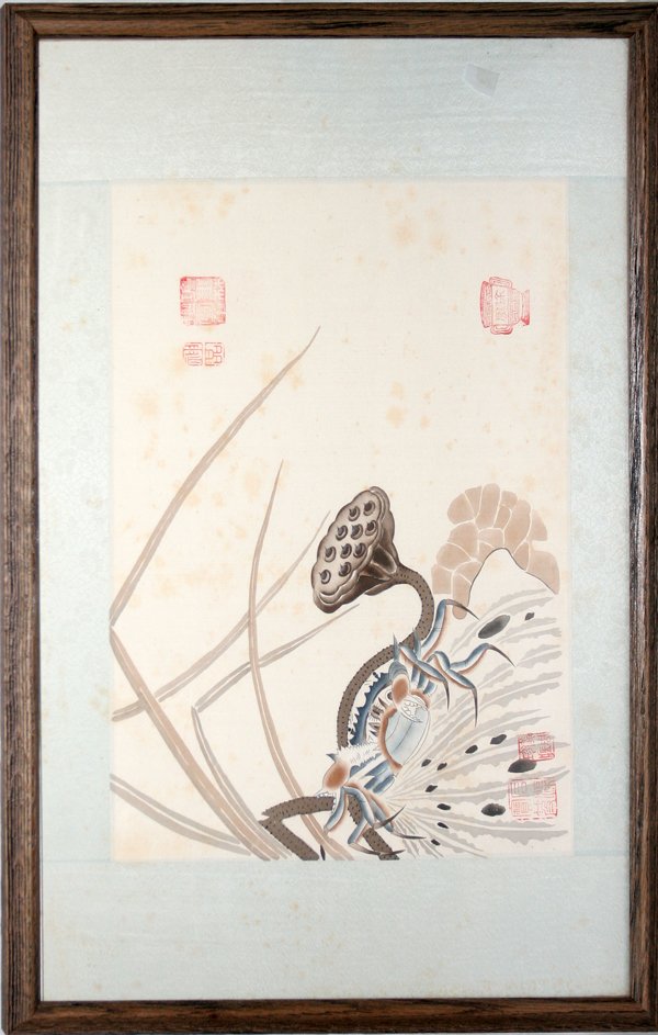 CHINESE WATERCOLOR ON SILK, 10" X 14": CHINESE WATERCOLOR ON SILK, 10" X 14":Crab walking, red block marks at top and bottom right; some foxing. From the Estate of Robert D. Ellinger, Grand Rapids, MI.