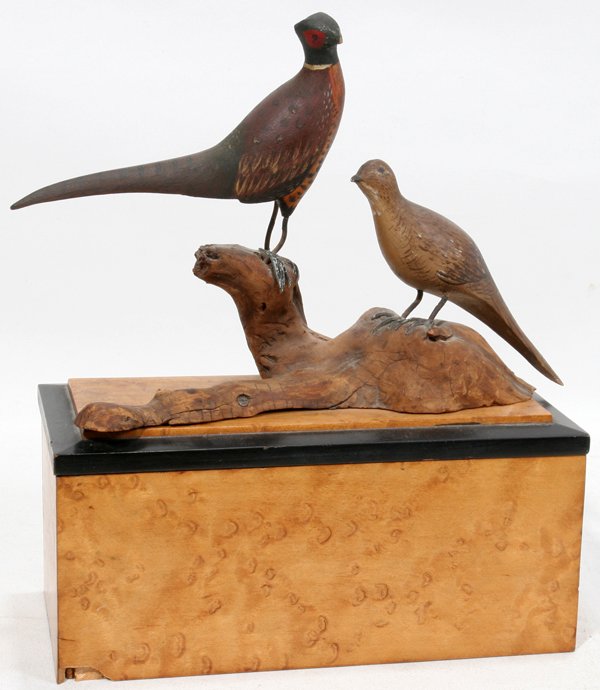 WOOD BOX WITH A BIRD'S EYE MAPLE VENEER: WOOD BOX WITH A BIRD'S EYE MAPLE VENEER, H 9 1/2", W 4", L 8":The item is predominately of bird's eye maple, but is trimmed in ebonized wood; the interior is divided into two compartments. The top is 