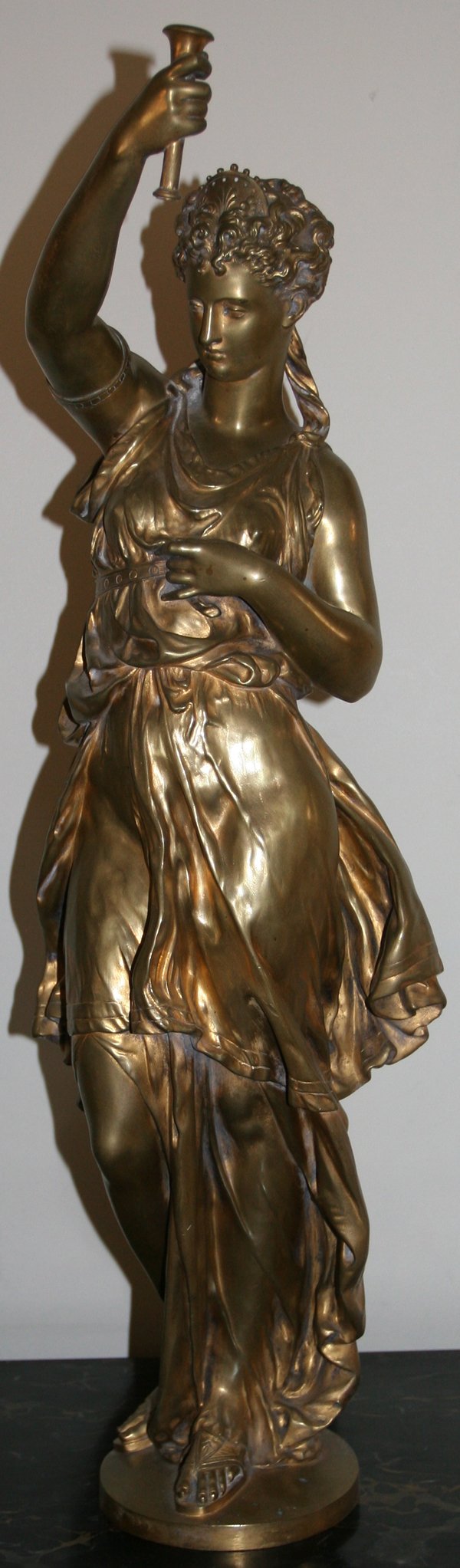 AFTER MOREAU, BRONZE SCULPTURE, H 29 1/2": AFTER MOREAU, BRONZE SCULPTURE, H 29 1/2":Neoclassical style female with right arm overhead.