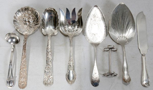 AMERICAN & CONTINENTAL STERLING & SILVER PLATE: AMERICAN & CONTINENTAL STERLING & SILVER PLATE SERVING UTENSILS, FORK & SPOONS, EIGHT, L 3" - 9":Including 1 Shreve Stanwood & Co. sterling cake server, engraved "M Dec. 25, 1865" at the tip, stamped