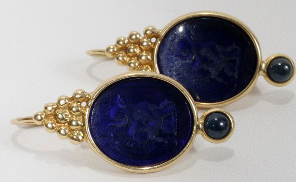 ITALIAN YELLOW GOLD & INTAGLIO LAPIS EARRINGS: ITALIAN YELLOW GOLD & INTAGLIO LAPIS EARRINGS, PAIR, H 1 3/8'', W 5/8'':For pierced ears, each features an intaglio cut stone with putti. Stamped on the reverse.