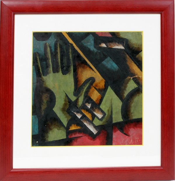 LJUBOV POPOVA OIL/PAPER CUBIST INFLUENCED:: LJUBOV POPOVA, OIL ON PAPER, RUSSIAN, 9" X 8.8", CUBIST INFLUENCED: RUSSIAN 1889-1924:Signed in monogram, stamped twice on back, two documents in Cyrillic dated 1936. Provenance: East Berlin, during t