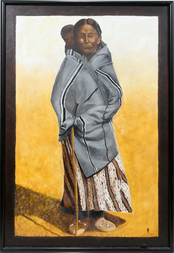 LOUIE THUNDERHAWK OIL/CANVAS WOMAN WITH PAPOOSE: LOUIE THUNDERHAWK, OIL ON CANVAS, 36" X 24, 3/16/2000, WOMAN WITH PAPOOSE: NATIVE AMERICAN 20TH C.:Simple, almost abstract in form, image depicts a mother with her child, with a papoose, strapped to h
