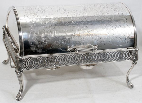 SILVER PLATE CASSEROLE SERVER WITH WARMER BASE: SILVER PLATE CASSEROLE SERVER WITH WARMER BASE, H 11", W 10", L 17":Lid revolves. No Pyrex liner, but standard size. Two alcohol burners.