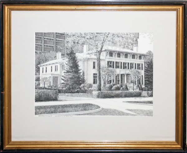 PHILIP C. THOMPSON PEN/INK 1979, ANN ARBOR HOME: PHILIP C. THOMPSON. PEN & INK, 1979, 12" X 16" ANN ARBOR HOME:presidents home, University of Michigan; signature on area of sidewalk on body of drawing;