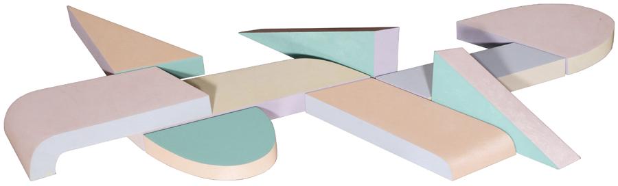 JOHN OKULICK (AMERICAN, B. 1947) OIL ON SHAPED WOOD: JOHN OKULICK (AMERICAN, B. 1947) OIL ON SHAPED WOOD CONSTRUCTION, 1982, H 28", W 85", D 6" PLANET BASE Signed, dated, and titled verso. Provenance: Doyle New York: Wednesday, November 9, 2016 (Lot 001