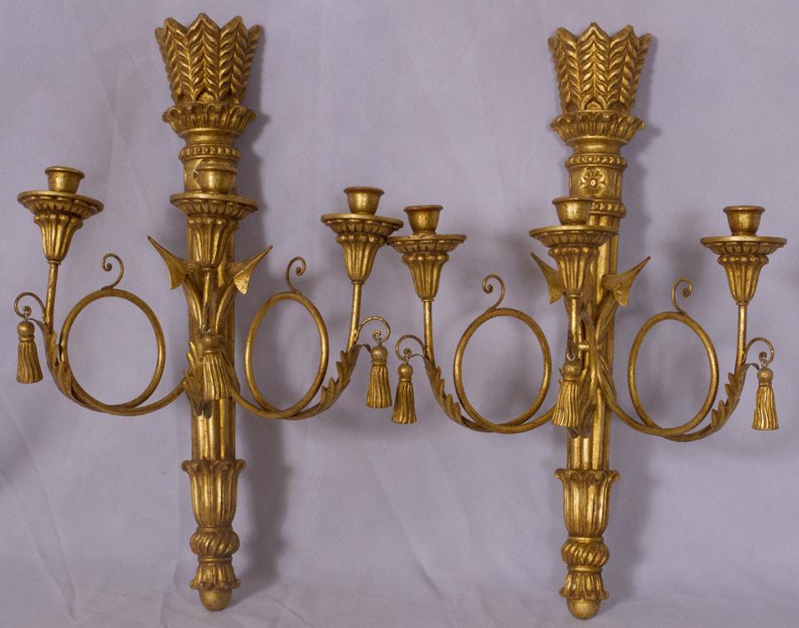 FRENCH EMPIRE STYLE GILT WOOD & METAL SCONCES, PAIR, H (1 of 3)