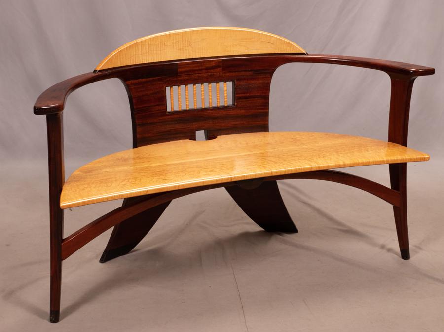RICHARD BRONK ROSEWOOD & BIRDSEYE MAPLE SETTEE, H 35", (1 of 9)
