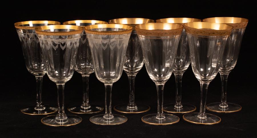 CRYSTAL WATER GOBLETS, GOLD BAND CIRCA 1940 SET OF 9 (1 of 6)