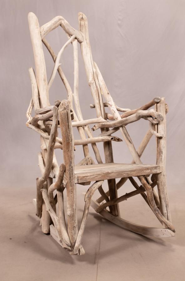 BEN FORGEY, ROCKING CHAIR, WOOD AND BRANCHES H 56" W: BEN FORGEY, ROCKING CHAIR, WOOD AND BRANCHES H 56" W 20" Repurposed wood. "Property from the sale of unaccessioned items from the Estate of James Van Sweden for the purpose of benefiting the Universit