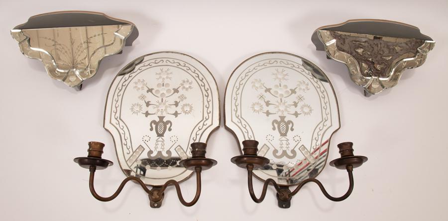 MIRRORED WALL SCONCES & SHELVES, C. 1930, 4 PCS, H (1 of 11)