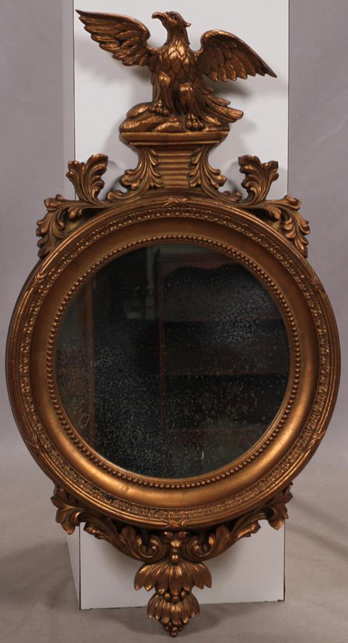 FEDERAL STYLE CARVED WOOD MIRROR, EAGLE FINIAL H 34" W (1 of 3)
