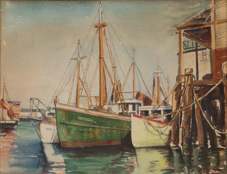 G. MONK, WATERCOLOR C 1950, H 12" W 15" PORT SCENE (1 of 4)