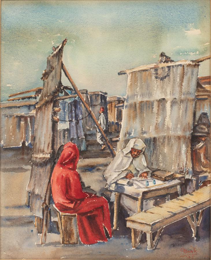 G. MONK,  WATERCOLOR, 1945, H 15" W 12" MIDDLE EASTERN (1 of 4)
