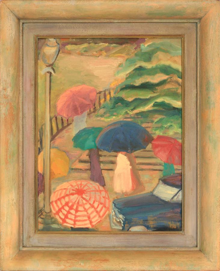 OIL ON CANVAS, 20TH C, H 16", W 12", UMBRELLAS (1 of 3)