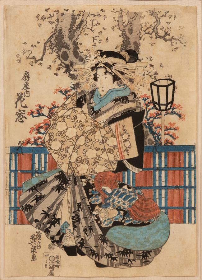 JAPANESE WOODBLOCK PRINT C. 1850 H 14.5" W 10" GEISHA (1 of 4)