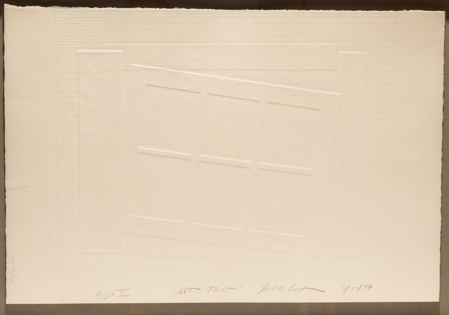 JULIA LEA, EMBOSSING ON PAPER 1979, H 14" W 22" "NOT: JULIA LEA, EMBOSSING ON PAPER 1979, H 14" W 22" "NOT TWO" Pencil signed with date. SIlvered wood frame: 18" x 25"."Property from the sale of unaccessioned items from the Estate of James Van Sweden for