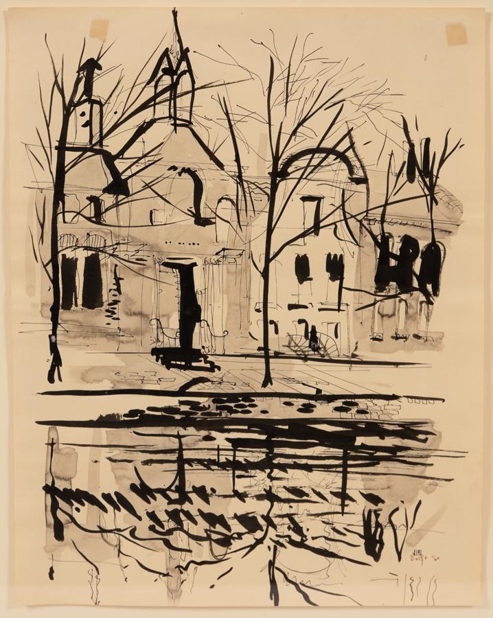 JAMES VAN SWEDEN (AMERICAN, 1935-2013) INK DRAWING ON: JAMES VAN SWEDEN (AMERICAN, 1935-2013) INK DRAWING ON PAPER, H 14", W 10" Signed "JIM". and "Delft, '60". Black on white. Wood frame: 17" x 14". Property from the sale of unaccessioned items from the 
