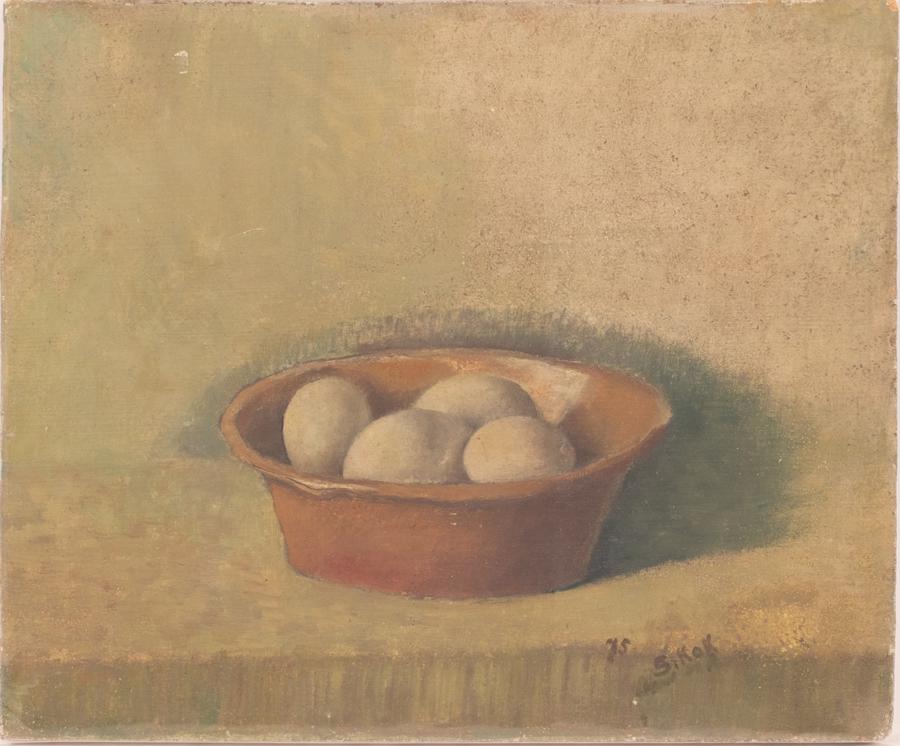 ARTIST UNKNOWN, OIL ON MASONITE 1975, H 10" W 12" BOWL: ARTIST UNKNOWN, OIL ON MASONITE 1975, H 10" W 12" BOWL OF EGGS Still life. Not framed. Signed. "Property from the sale of unaccessioned items from the Estate of James Van Sweden for the purpose of ben