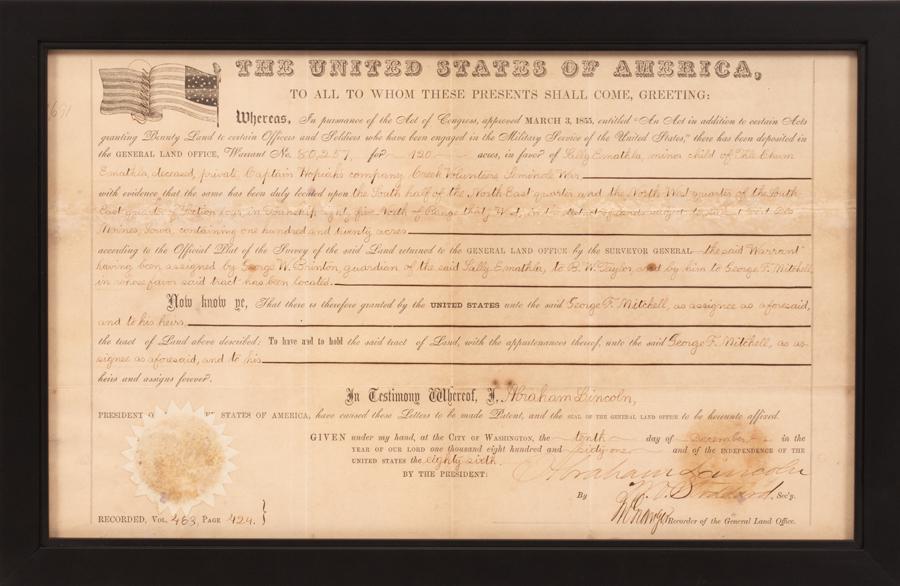 ABRAHAM LINCOLN LAND GRANT DOCUMENT, DECEMBER 10TH (1 of 6)