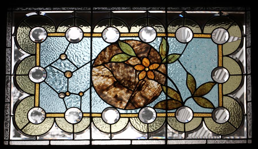 STAINED LEADED AND BEVELED GLASS WINDOW PANE H 30.5" W (1 of 4)