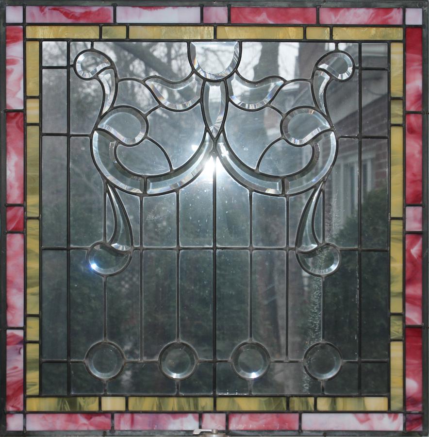 BEVEL AND STAINED LEADED GLASS WINDOW PANE H 33" W (1 of 4)