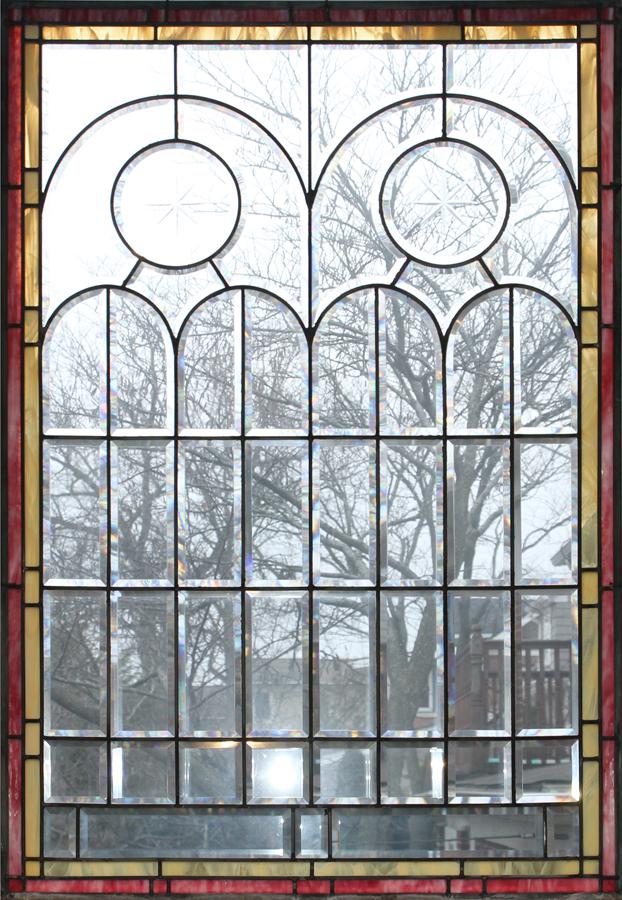 BEVEL AND STAINED LEADED GLASS WINDOW PANE H 51" W 35" (1 of 1)
