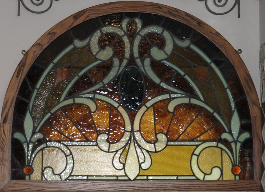 LEADED STAINED GLASS ARCHED TRANSOM  WINDOW  H 31" W (1 of 6)