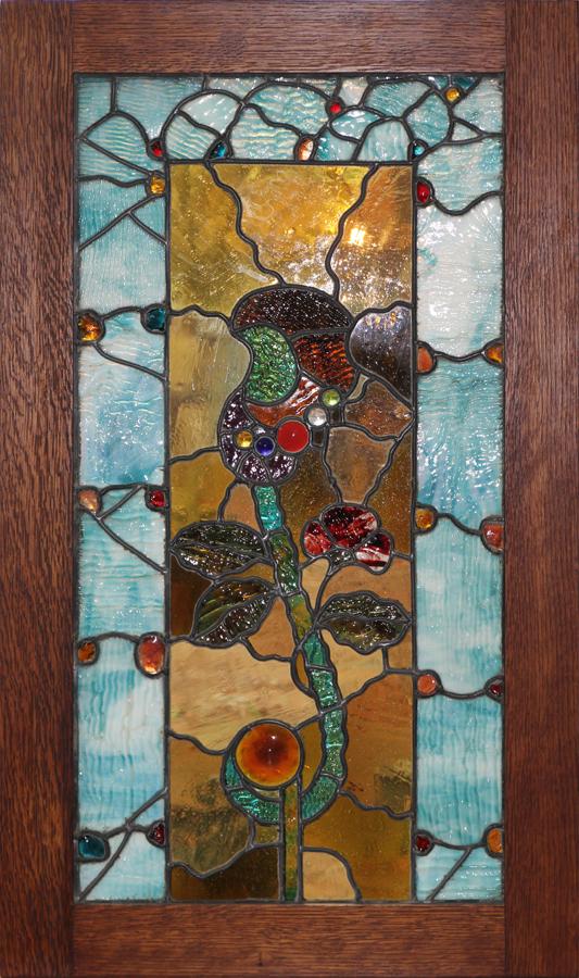 LEADED STAINED AND TEXTURED GLASS WINDOW PANE H 40.5" W (1 of 4)