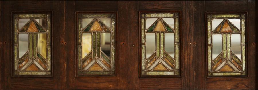 LEADED STAINED GLASS WINDOW PANES FOUR SMALL PANELS H: LEADED STAINED GLASS WINDOW PANES FOUR SMALL PANELS H 13" W 9.25" Featuring a Frank Lloyd Wright design with an arrow shape in the center of each pane.Provenance: Estate of Jack Faxon, Birmingham, MI.