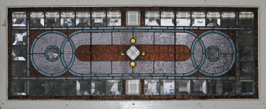 BEVEL AND STAINED GLASS TRANSOM WINDOW  H 28" W 69.25" (1 of 4)