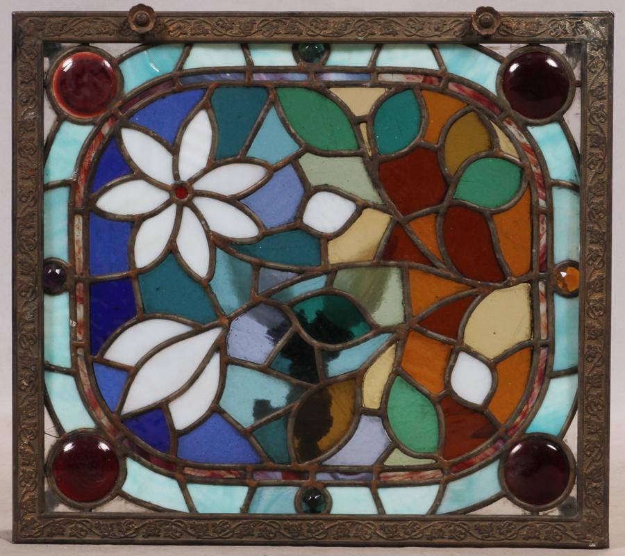 STAINED LEADED GLASS LIGHT FIXTURE, W 18", L 16.5" (1 of 3)