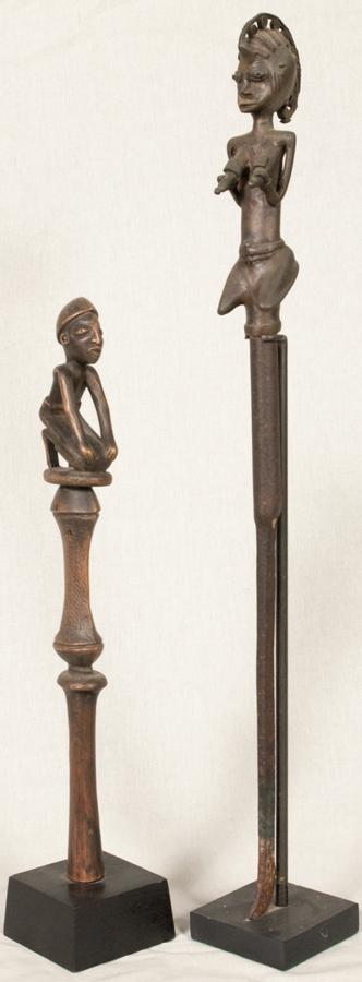 YORUBA, NIGERIA, AFRICAN WOOD, BRONZE AND IRON FORGER'S: YORUBA, NIGERIA, AFRICAN WOOD, BRONZE AND IRON FORGER'S IRON H 24" ALSO CONGO STAFF 16" Carved wood kneeling male atop a staff H 16' from Holo, Congo. Forger's iron, Yoruba, Nigeria, iron or bronze nu