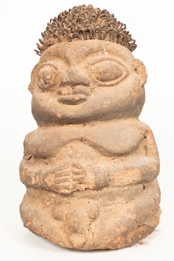 YORUBA, NIGERIA, AFRICAN EARTHENWARE AND IRON NAILS: YORUBA, NIGERIA, AFRICAN EARTHENWARE AND IRON NAILS FETISH SCULPTURE H 16" W 10" D 9" Terracotta. Provenance: Estate of Jack Faxon, Birmingham, MI. Michigan Senator and creator of the Michigan Council