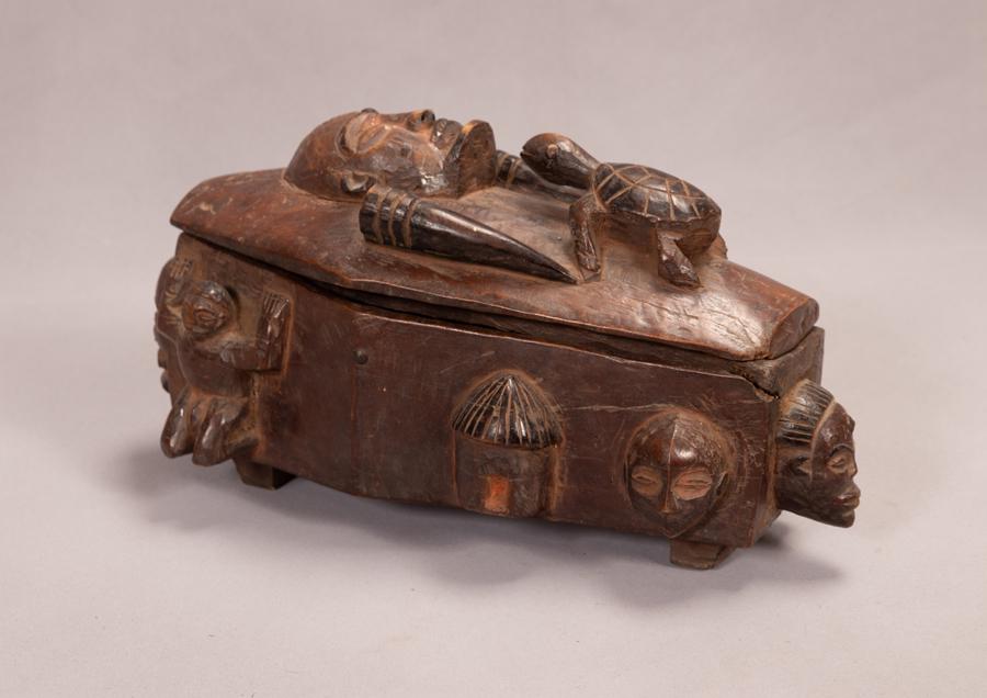 AFRICAN POLYCHROME CARVED WOOD CEREMONIAL VESSEL, H 8", (1 of 7)