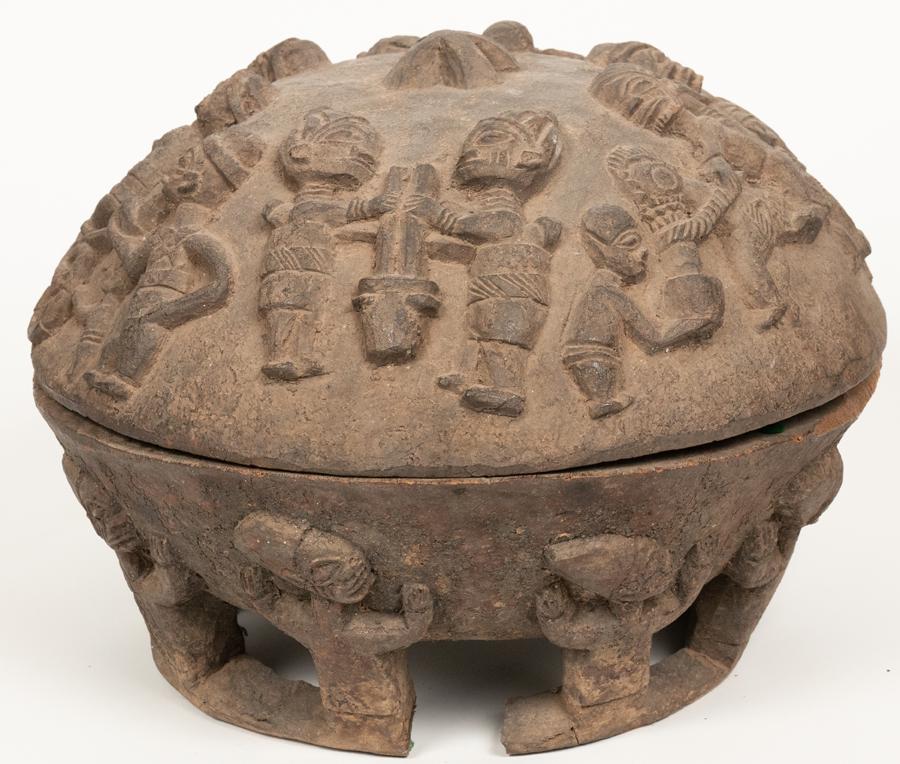 AFRICAN CARVED WOOD COVERED BOX H 11" DIA 15" (1 of 4)