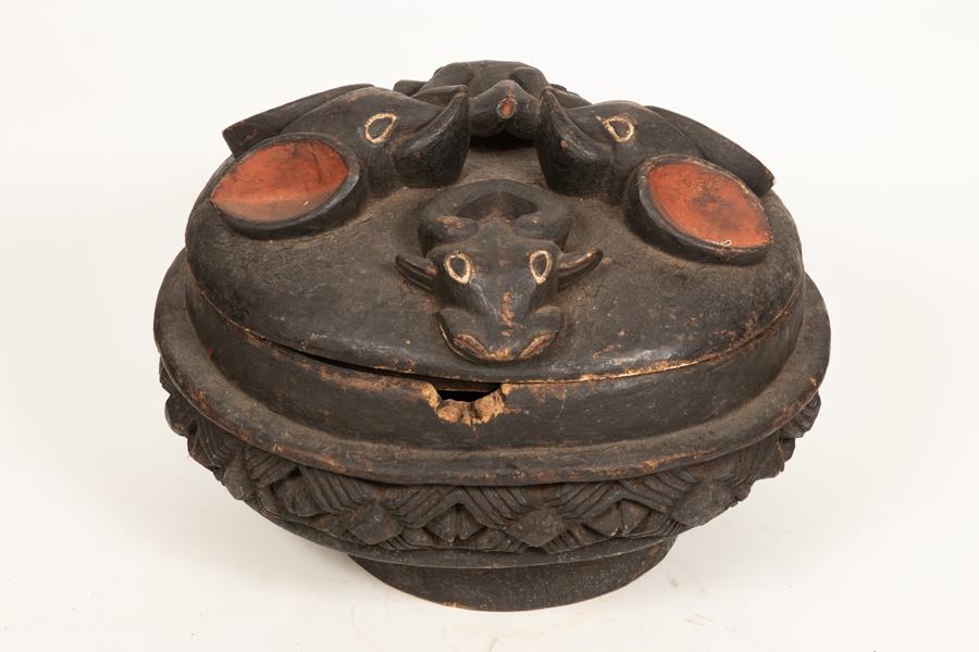 AFRICAN POLYCHROME CARVED WOOD COVERED BOWL H 13" W 17" (1 of 4)