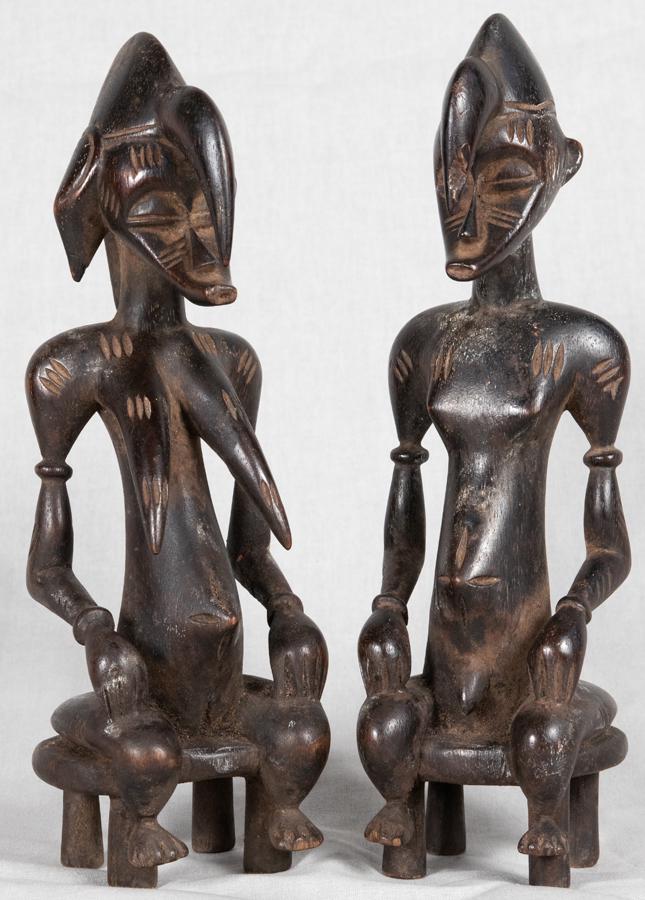 AFRICAN POLYCHROME CARVED WOOD SEATED MALE AND FEMALE (1 of 2)