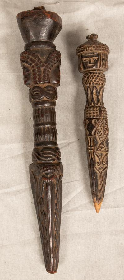 AFRICAN CARVED WOOD POINTED SPEAR FORMS 19TH.C. TWO L (1 of 6)