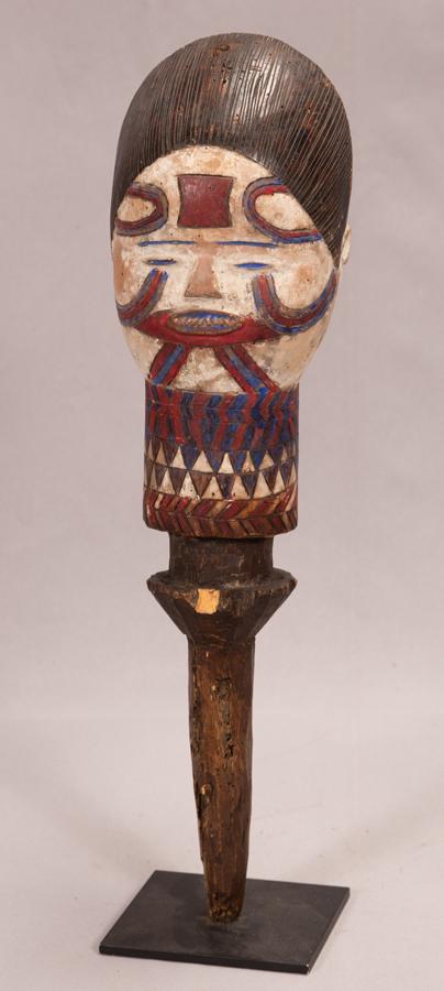AFRICAN POLYCHROME CARVED WOOD HEAD H 20.25" W 5.25 (1 of 6)