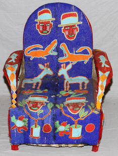 AFRICAN YORUBA BEADED CHAIR, H 38", W 30", NIGERIA: AFRICAN YORUBA BEADED CHAIR, H 38", W 30", NIGERIAArm chair, with fully beaded front and sides, decorated in mask and animal figure motif. Measures H. 38" x 30" x 25".