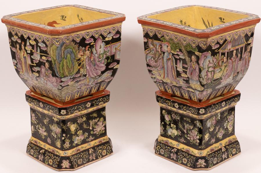 CHINESE CERAMIC POTS ON STANDS, PAIR, H 18.5", W 11" (1 of 9)