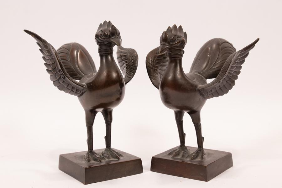 CHINESE BRONZE ROOSTERS, 20TH C, PAIR, H 8", W 6" (1 of 6)